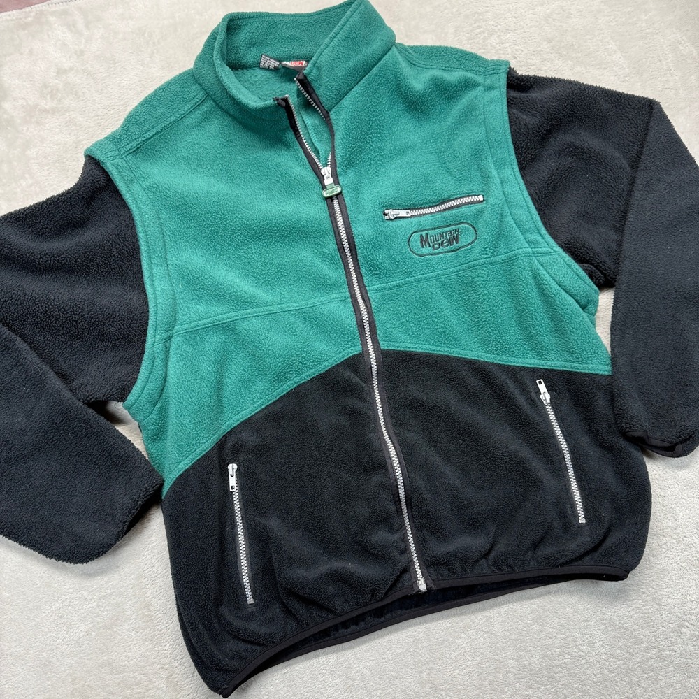 Vintage Mountain Dew Jacket Mens L XL Green Black Fleece Color Block Full‎ Zip